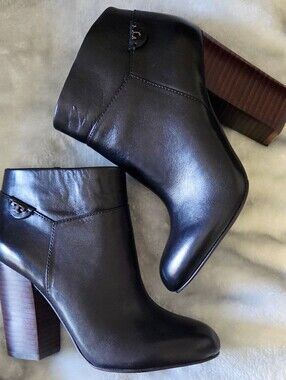 Tory Burch Black Leather Ankle Booties with Stacked Wood Heel